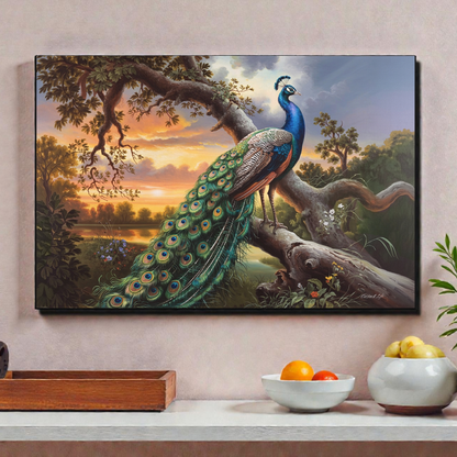 Peacock painting on a wall above a counter with fruit bowls.