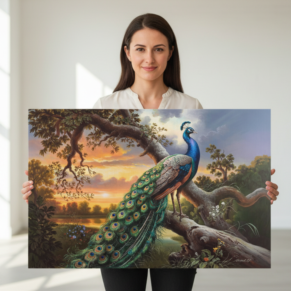 Woman holding a painting of a peacock by a lake with a sunset.