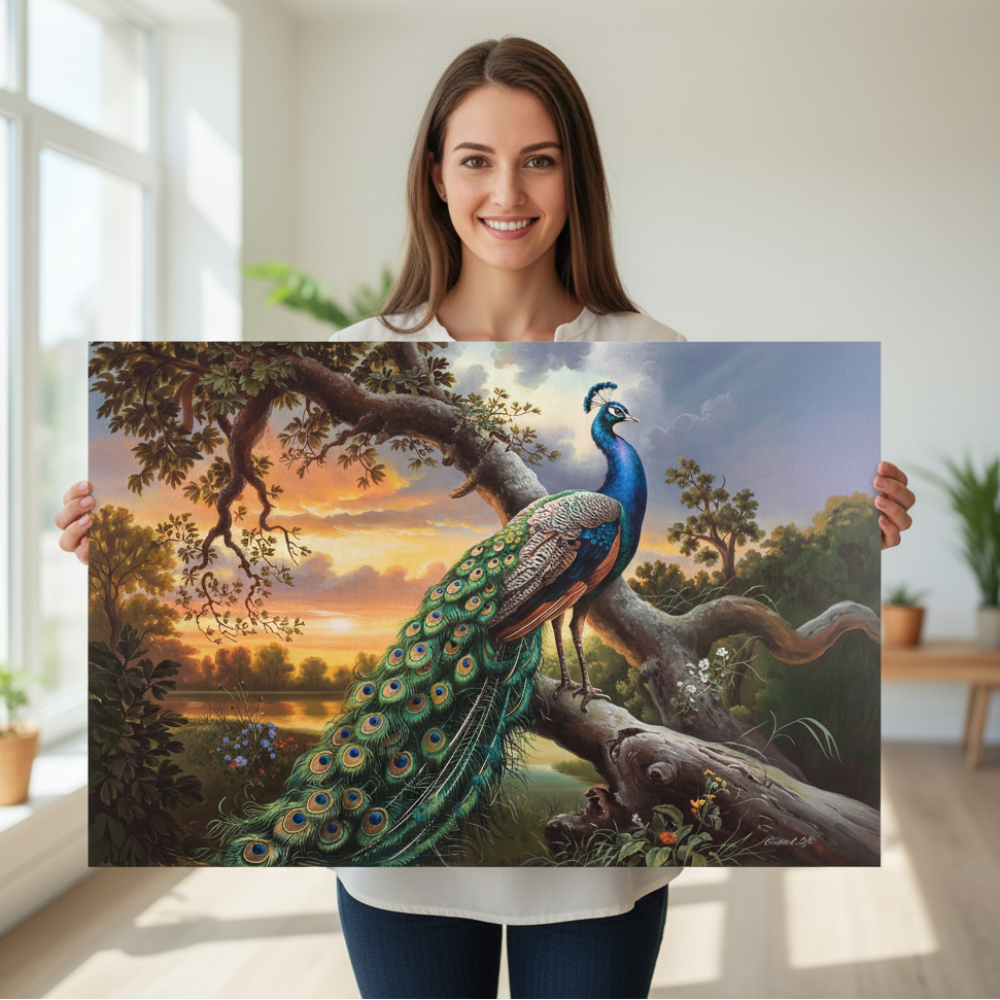 Woman holding a painting of a peacock in a natural setting