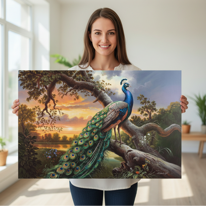 Woman holding a painting of a peacock in a natural setting