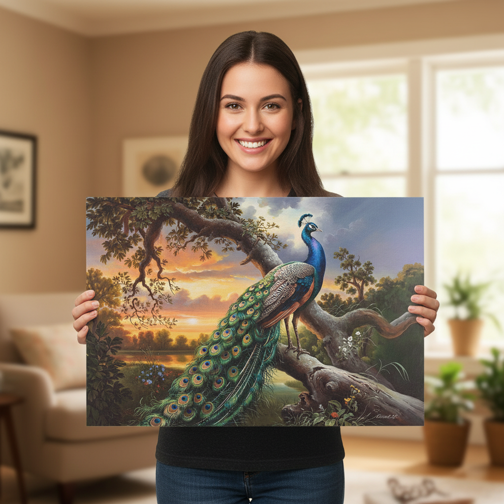 Woman holding a painting of a peacock in a living room