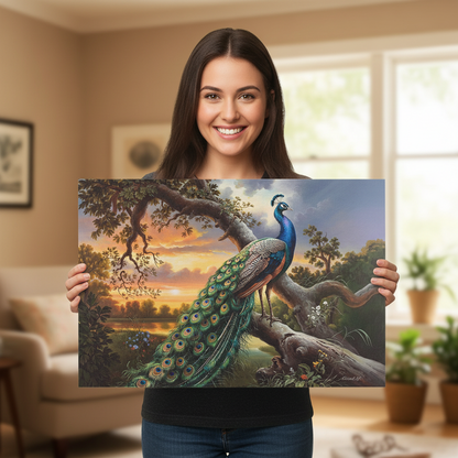 Woman holding a painting of a peacock in a living room