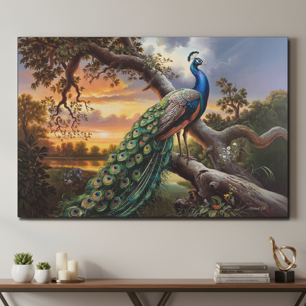 Canvas print of a peacock in a natural setting hanging on a wall above a wooden table.