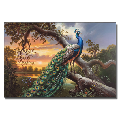 Painting of a peacock perched on a branch with a scenic background