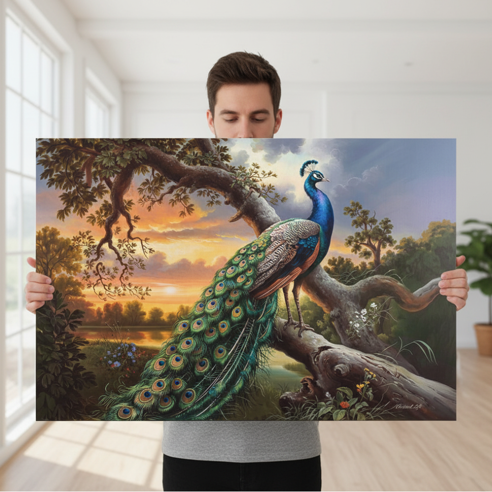 Person holding a painting of a peacock in a natural setting