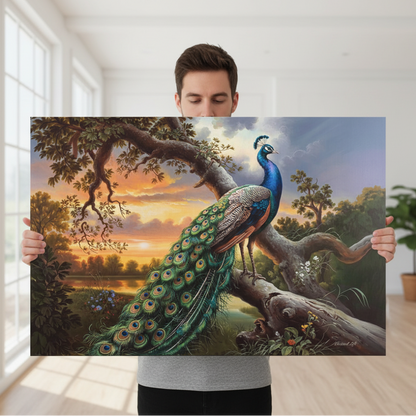 Person holding a painting of a peacock in a natural setting