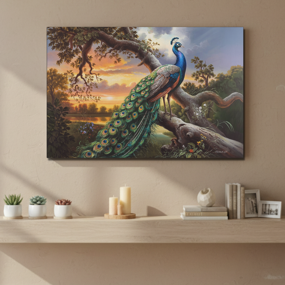 Peacock painting on a wall above a shelf with decorative items