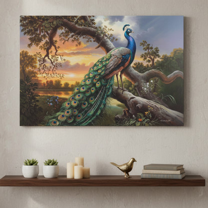 Peacock painting on a wall above a shelf with decorative items