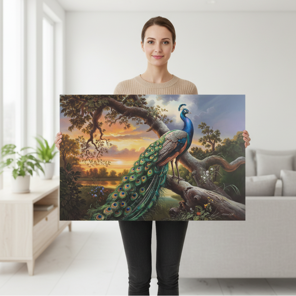 Person holding a painting of a peacock in a natural setting