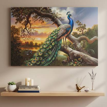 Canvas print of a peacock in a natural setting above a wooden shelf with decor items.