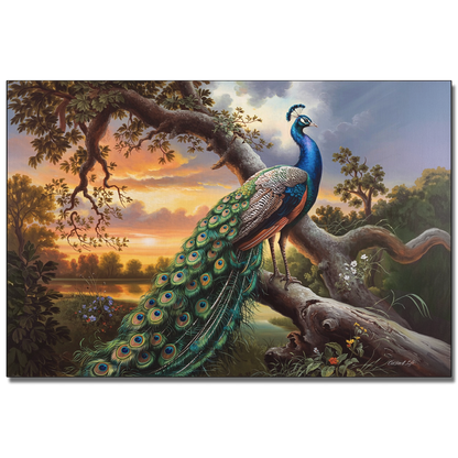 Peacock perched on a tree branch with a scenic background