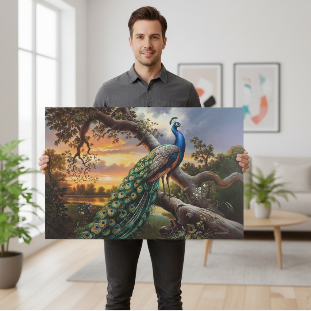 Man holding a painting of a peacock in a natural setting