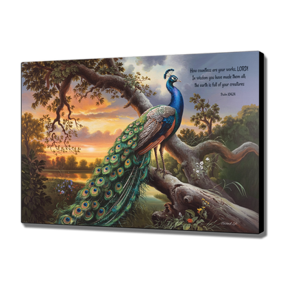 Beautiful Peacock canvas art print - with Psalm 104:24 quote - classic and elegant Peacock art