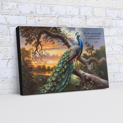 Beautiful Peacock canvas art print - with Psalm 104:24 quote - classic and elegant Peacock art