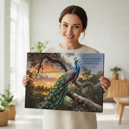 Beautiful Peacock canvas art print - with Psalm 104:24 quote - classic and elegant Peacock art