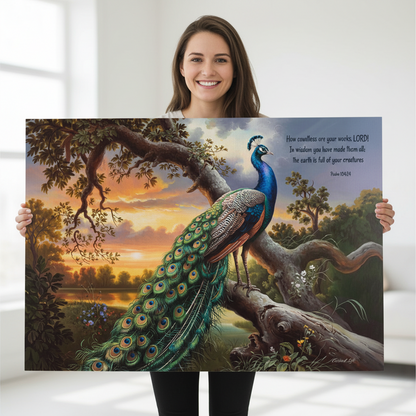 Beautiful Peacock canvas art print - with Psalm 104:24 quote - classic and elegant Peacock art