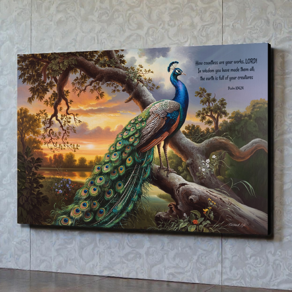 Beautiful Peacock canvas art print - with Psalm 104:24 quote - classic and elegant Peacock art