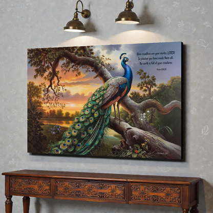 Beautiful Peacock canvas art print - with Psalm 104:24 quote - classic and elegant Peacock art