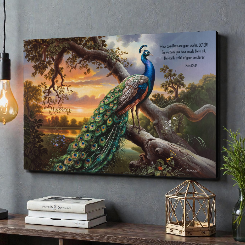 Beautiful Peacock canvas art print - with Psalm 104:24 quote - classic and elegant Peacock art