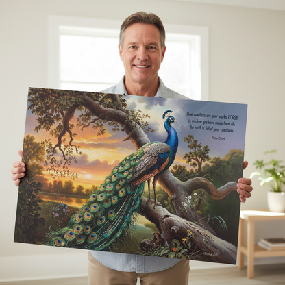 Beautiful Peacock canvas art print - with Psalm 104:24 quote - classic and elegant Peacock art