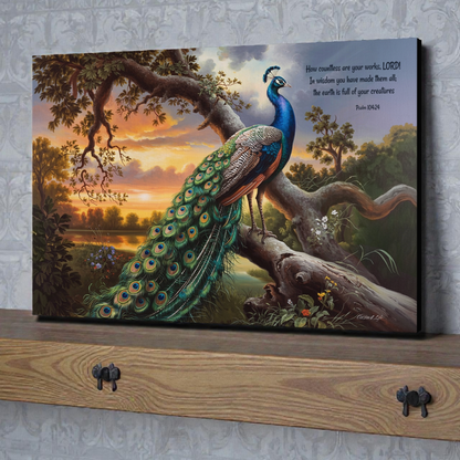 Beautiful Peacock canvas art print - with Psalm 104:24 quote - classic and elegant Peacock art