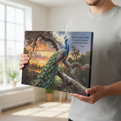 Beautiful Peacock canvas art print - with Psalm 104:24 quote - classic and elegant Peacock art