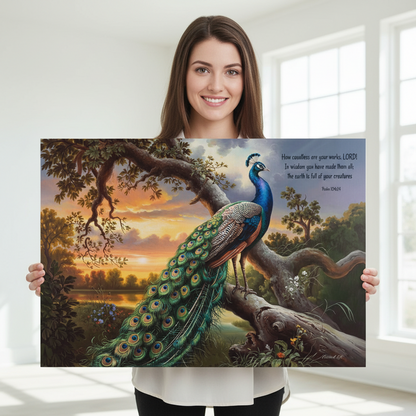 Beautiful Peacock canvas art print - with Psalm 104:24 quote - classic and elegant Peacock art