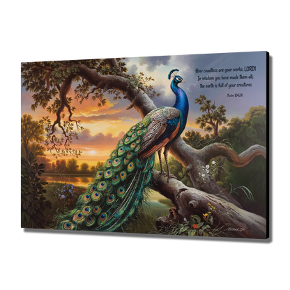 Beautiful Peacock canvas art print - with Psalm 104:24 quote - classic and elegant Peacock art
