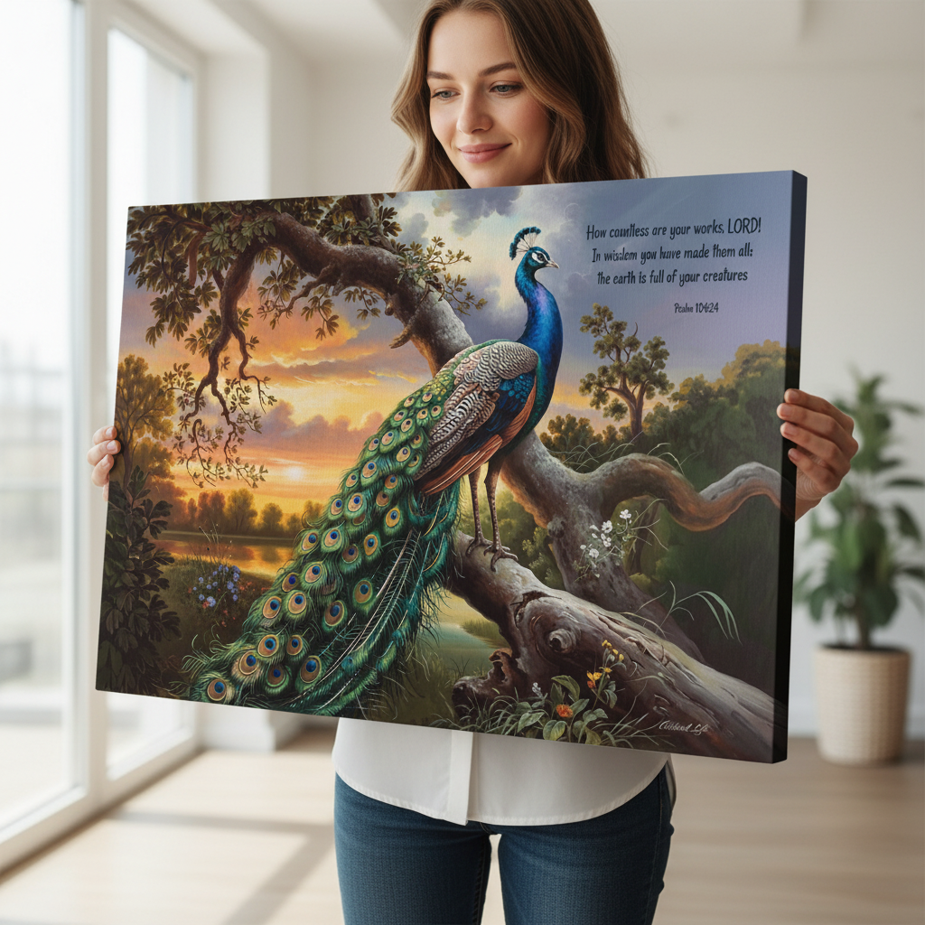 Beautiful Peacock canvas art print - with Psalm 104:24 quote - classic and elegant Peacock art