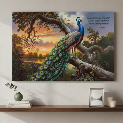 Beautiful Peacock canvas art print - with Psalm 104:24 quote - classic and elegant Peacock art