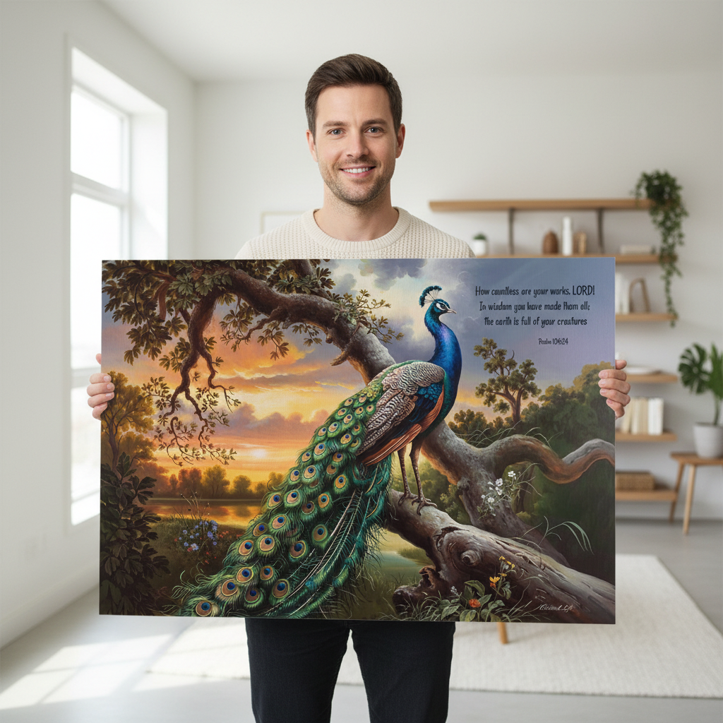 Beautiful Peacock canvas art print - with Psalm 104:24 quote - classic and elegant Peacock art