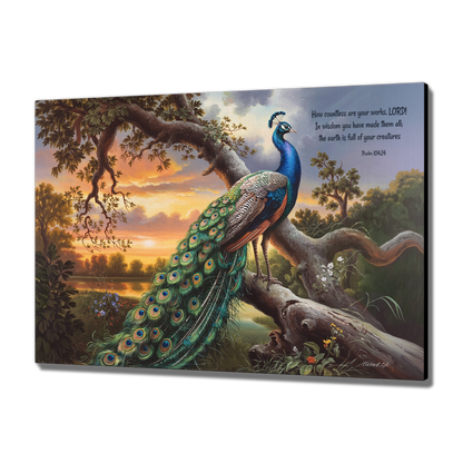 Beautiful Peacock canvas art print - with Psalm 104:24 quote - classic and elegant Peacock art