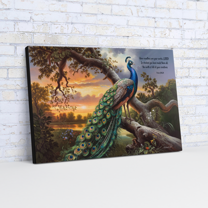 Beautiful Peacock canvas art print - with Psalm 104:24 quote - classic and elegant Peacock art