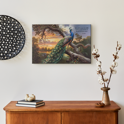 Beautiful Peacock canvas art print - with Psalm 104:24 quote - classic and elegant Peacock art