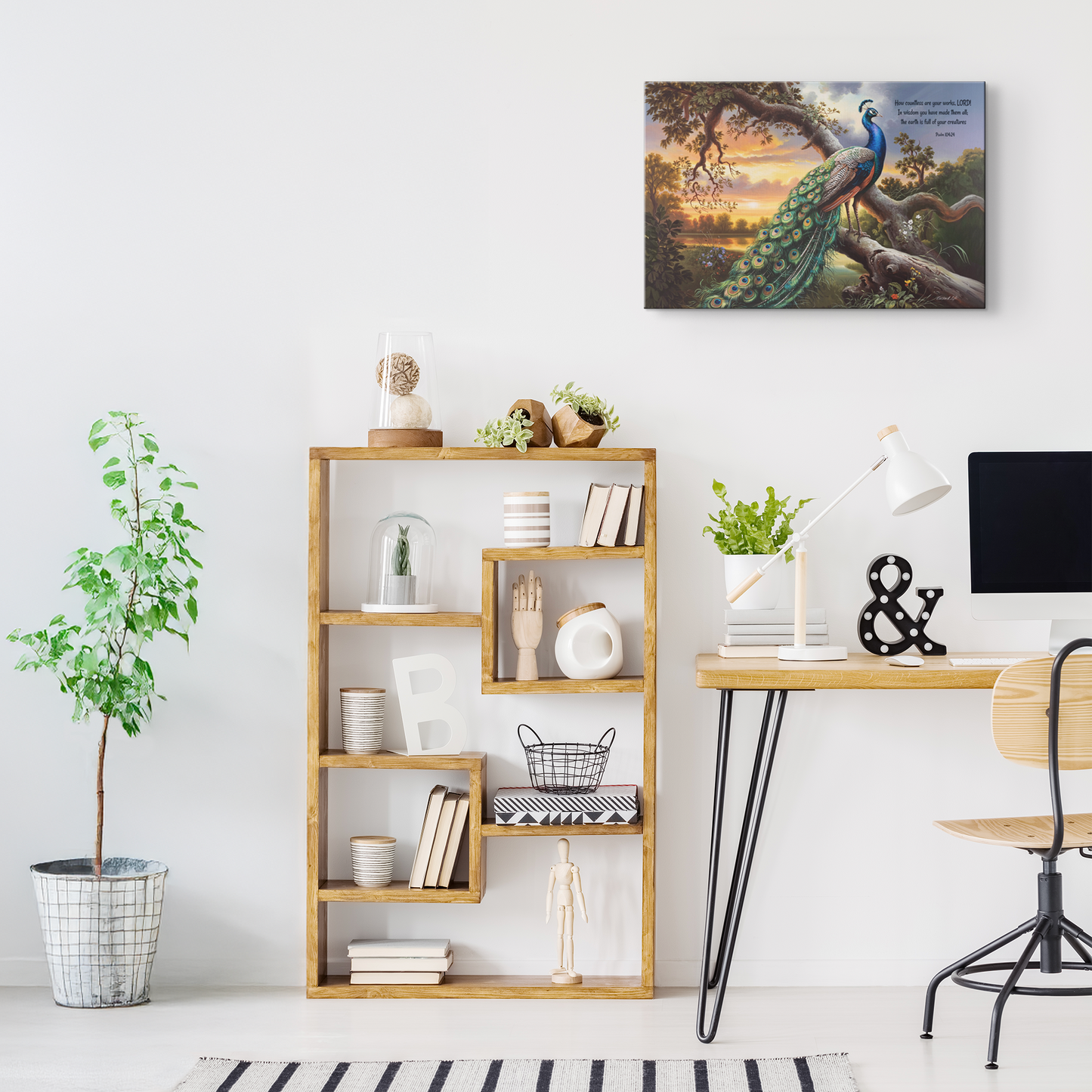 Beautiful Peacock canvas art print - with Psalm 104:24 quote - classic and elegant Peacock art