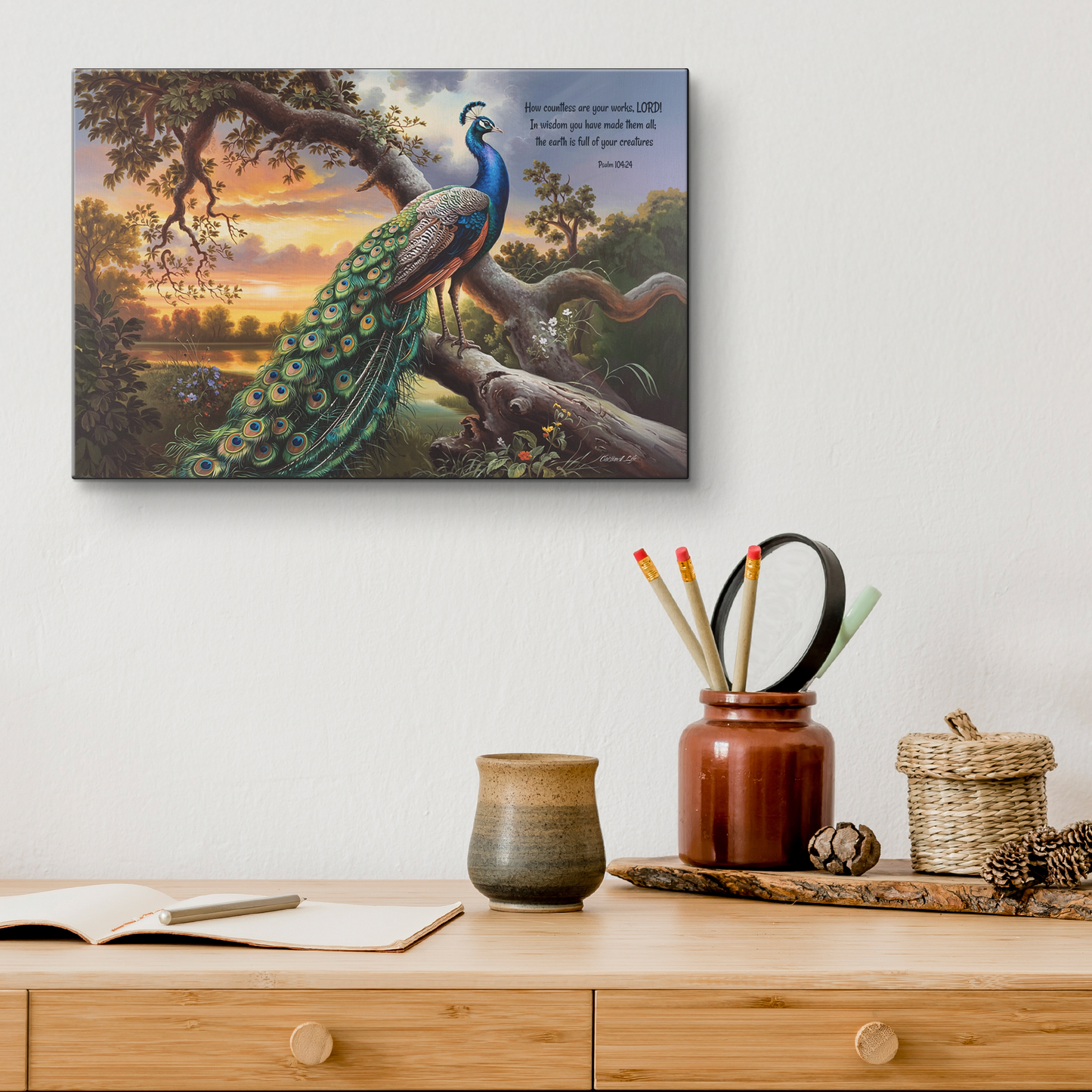 Beautiful Peacock canvas art print - with Psalm 104:24 quote - classic and elegant Peacock art