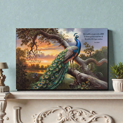 Beautiful Peacock canvas art print - with Psalm 104:24 quote - classic and elegant Peacock art