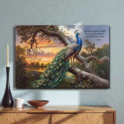 Beautiful Peacock canvas art print - with Psalm 104:24 quote - classic and elegant Peacock art
