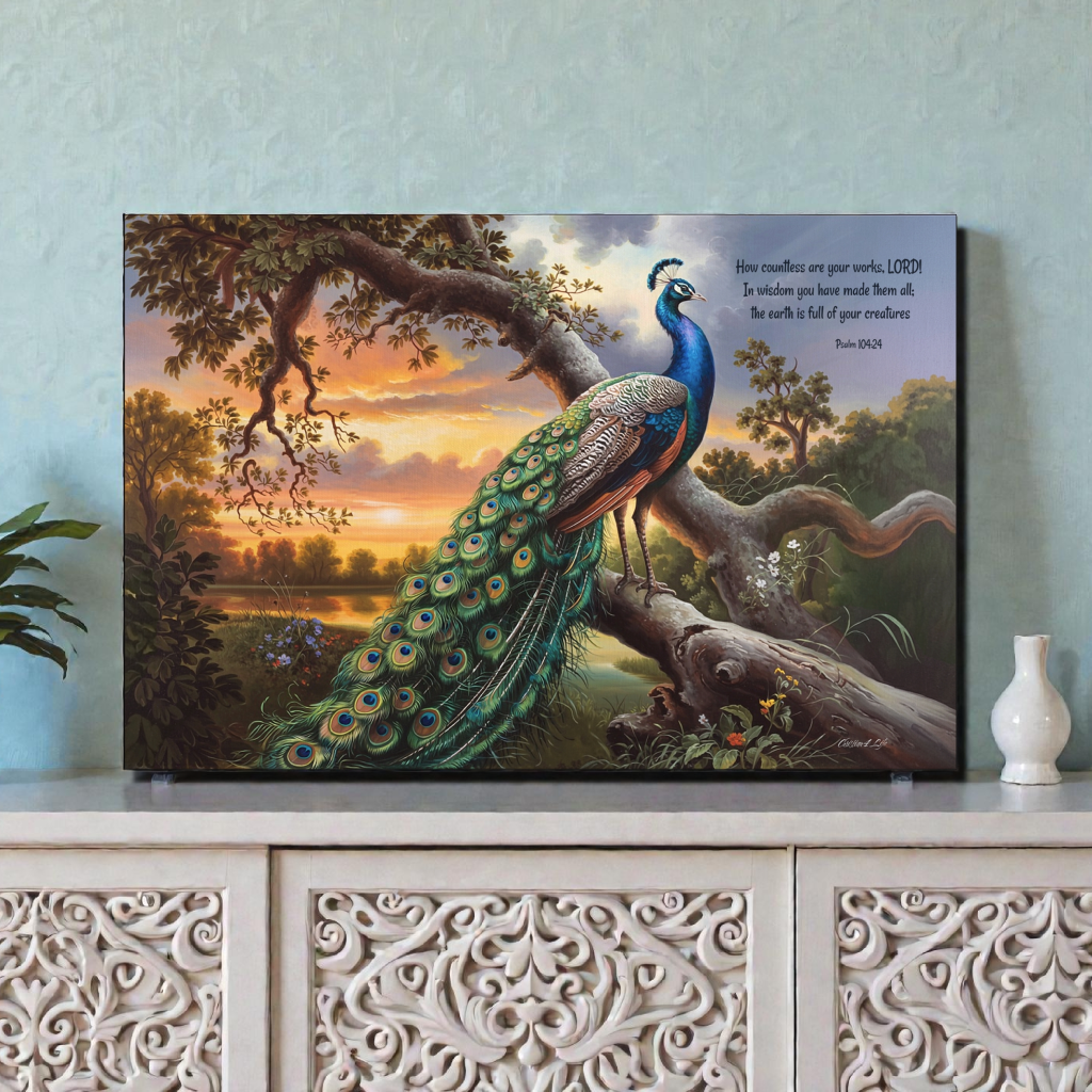 Beautiful Peacock canvas art print - with Psalm 104:24 quote - classic and elegant Peacock art