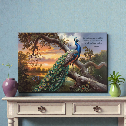 Beautiful Peacock canvas art print - with Psalm 104:24 quote - classic and elegant Peacock art
