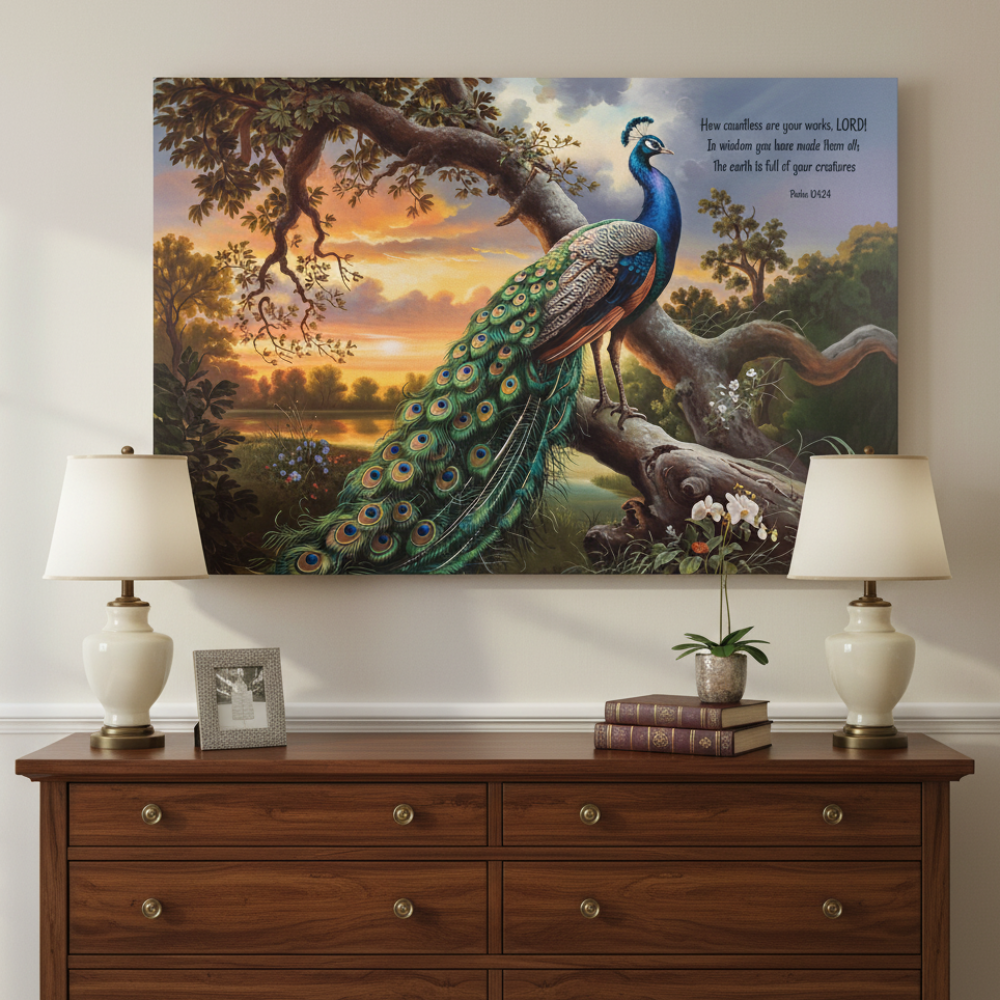Beautiful Peacock canvas art print - with Psalm 104:24 quote - classic and elegant Peacock art
