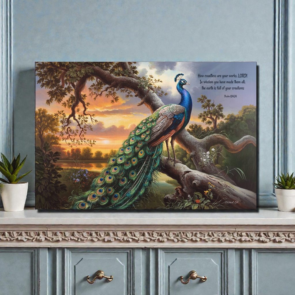 Beautiful Peacock canvas art print - with Psalm 104:24 quote - classic and elegant Peacock art