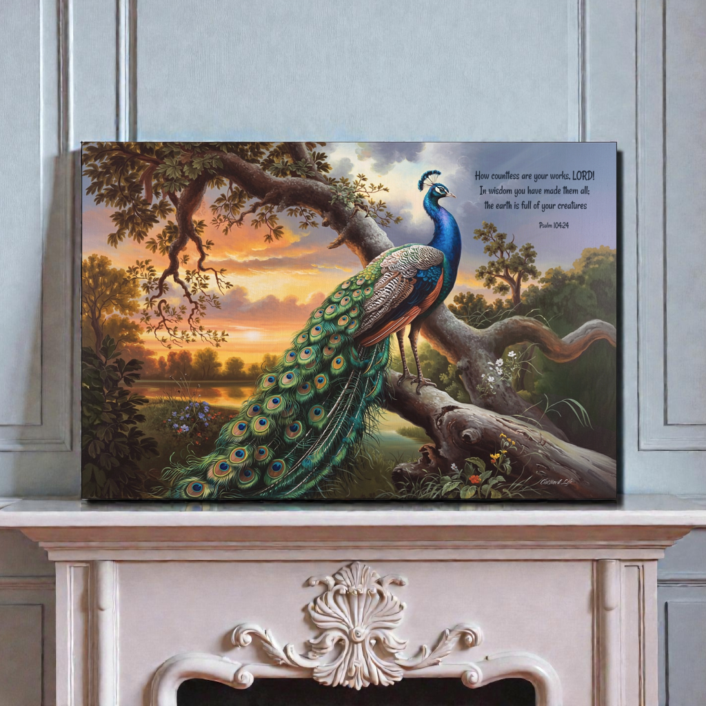 Beautiful Peacock canvas art print - with Psalm 104:24 quote - classic and elegant Peacock art