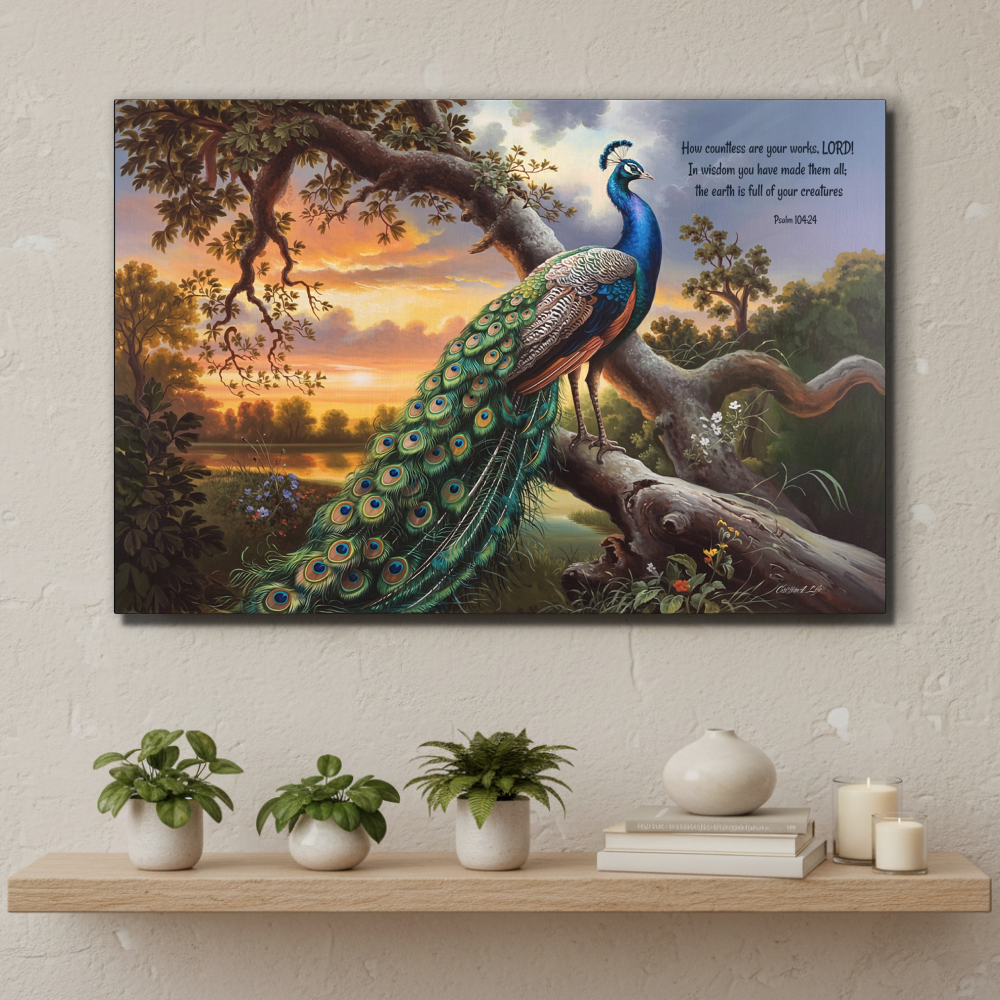 Beautiful Peacock canvas art print - with Psalm 104:24 quote - classic and elegant Peacock art