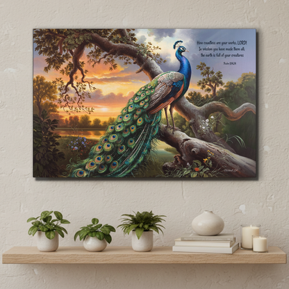 Beautiful Peacock canvas art print - with Psalm 104:24 quote - classic and elegant Peacock art