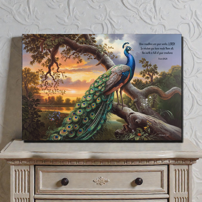 Beautiful Peacock canvas art print - with Psalm 104:24 quote - classic and elegant Peacock art