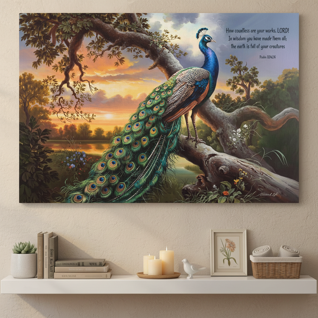 Beautiful Peacock canvas art print - with Psalm 104:24 quote - classic and elegant Peacock art