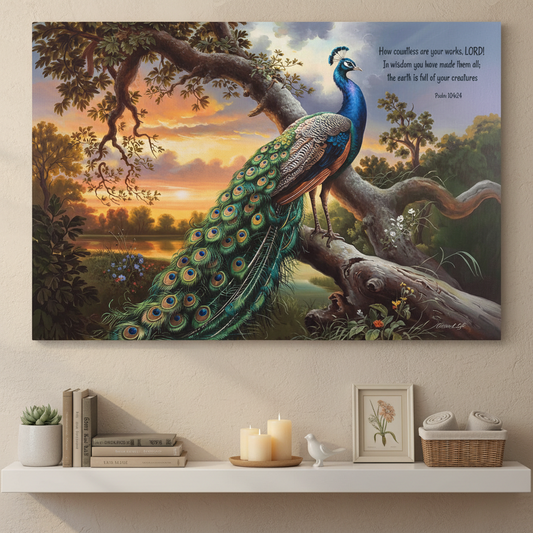 Beautiful Peacock canvas art print - with Psalm 104:24 quote - classic and elegant Peacock art