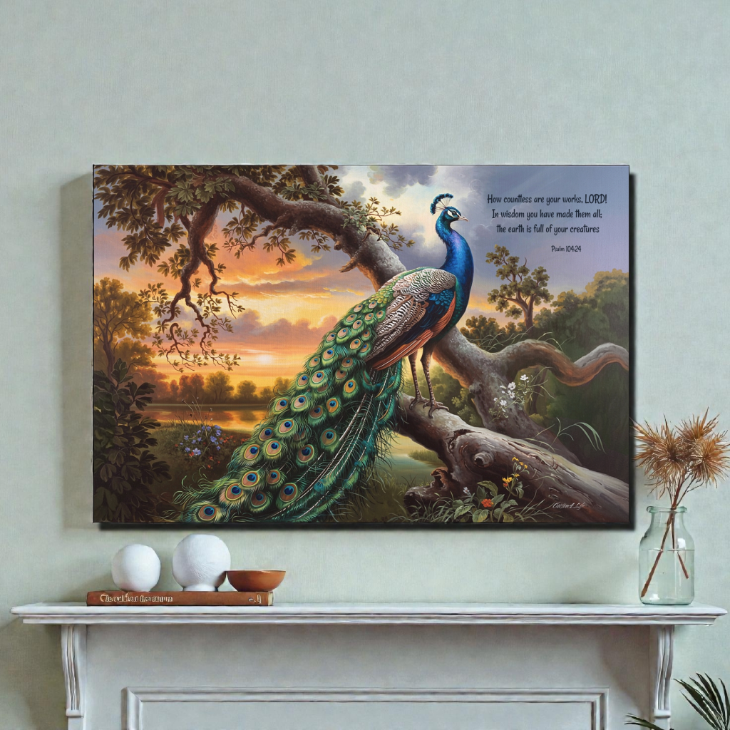 Beautiful Peacock canvas art print - with Psalm 104:24 quote - classic and elegant Peacock art