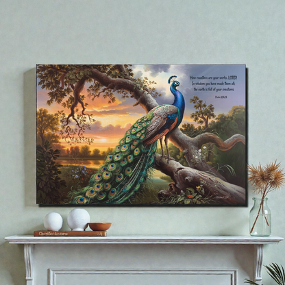 Beautiful Peacock canvas art print - with Psalm 104:24 quote - classic and elegant Peacock art